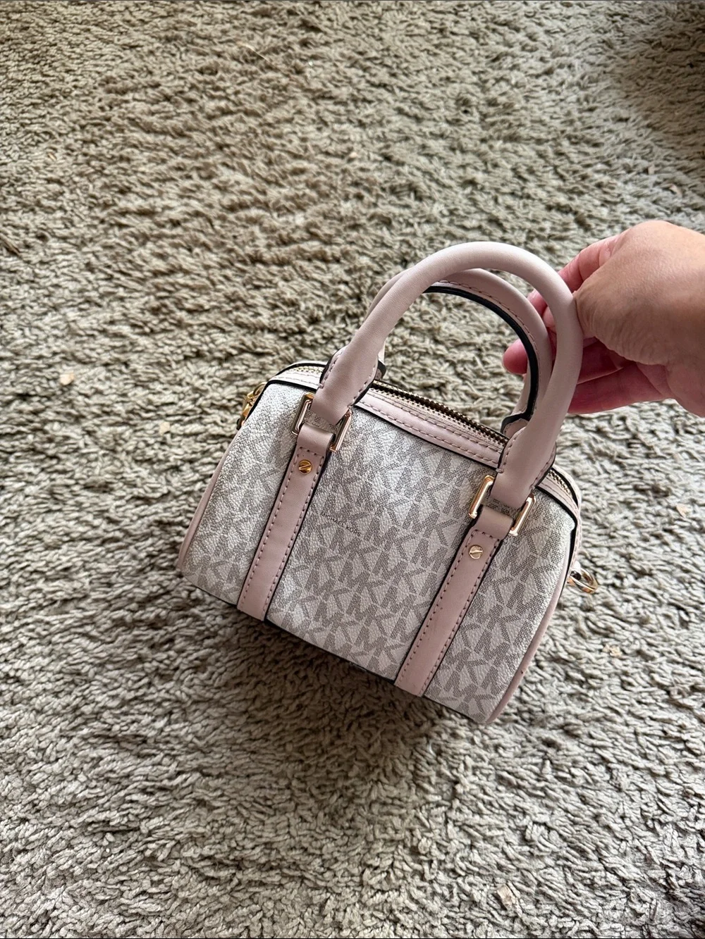 Michael Kors Pink and White Signature Logo Satchel with Gold Hardware